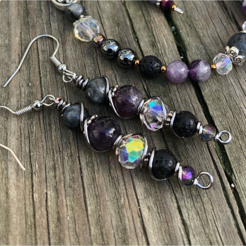 Handmade Wire Wrapped Amethyst Flash Labradorite Gemstone Dangle Earrings